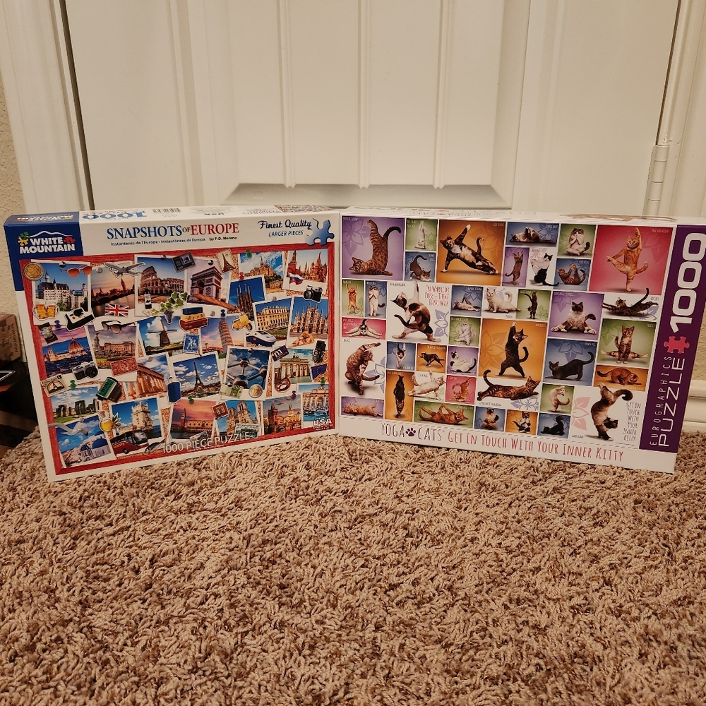 🎄🎁🧩 2 Puzzles: 1000 Piece White Mountain Europe & 1000 Piece Yoga Cats